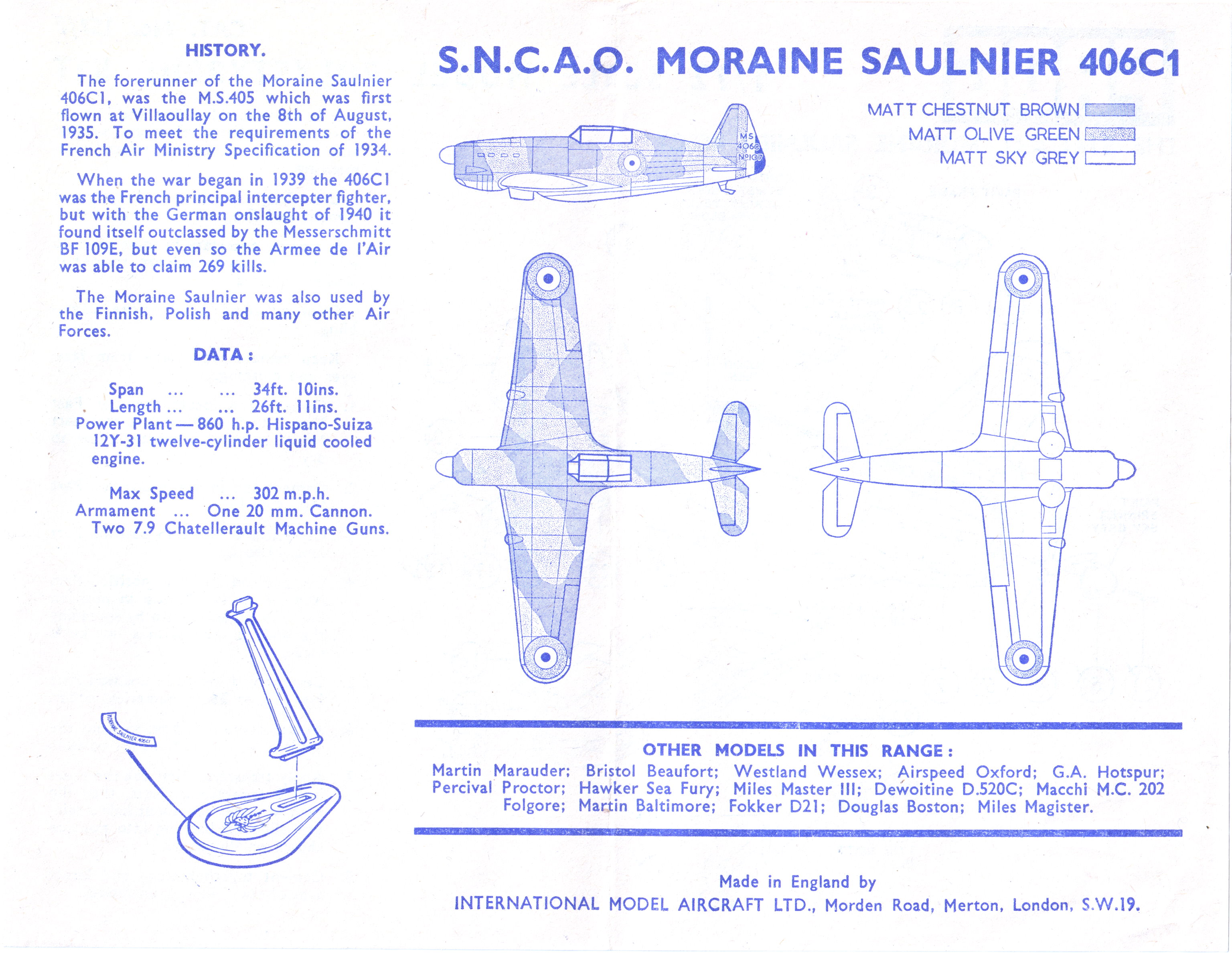 FROG Blue Series 157P, Morane Saulnier 406, 1963 painting and marking guide